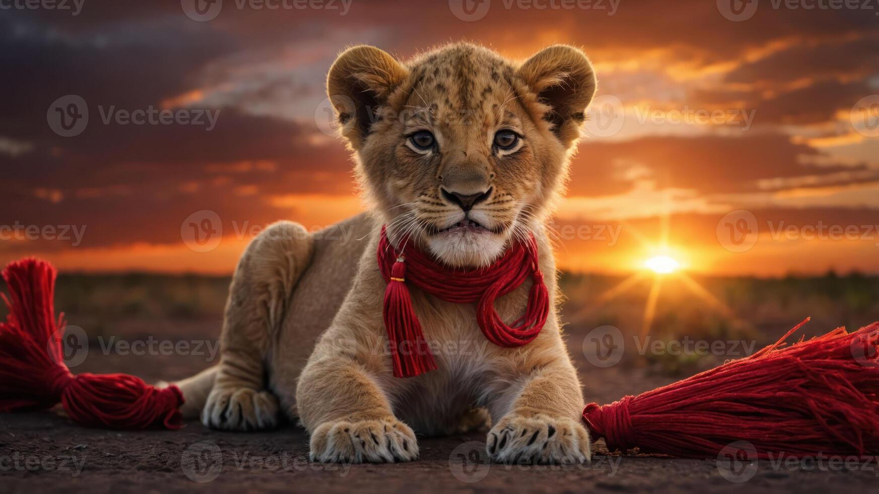 A playful lion cub rests on the ground at sunset, adorned with a red scarf. photo