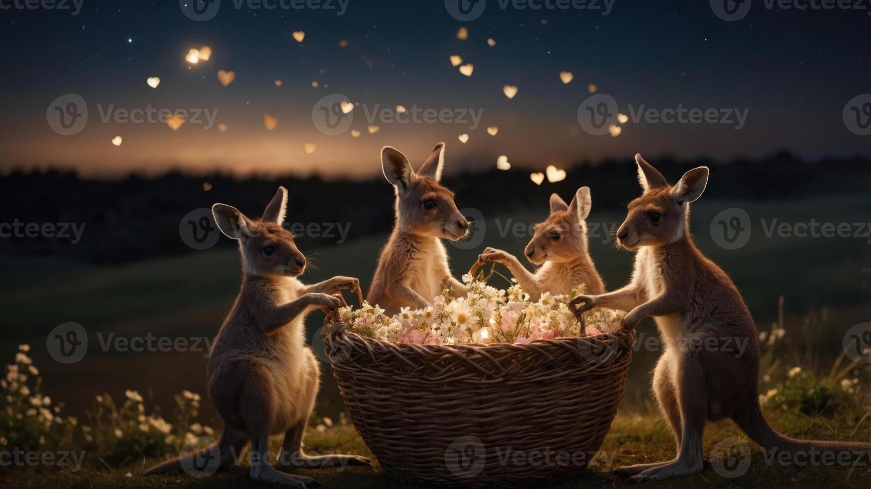 Four kangaroos gather around a basket of flowers under a starry sky, creating a whimsical scene. photo