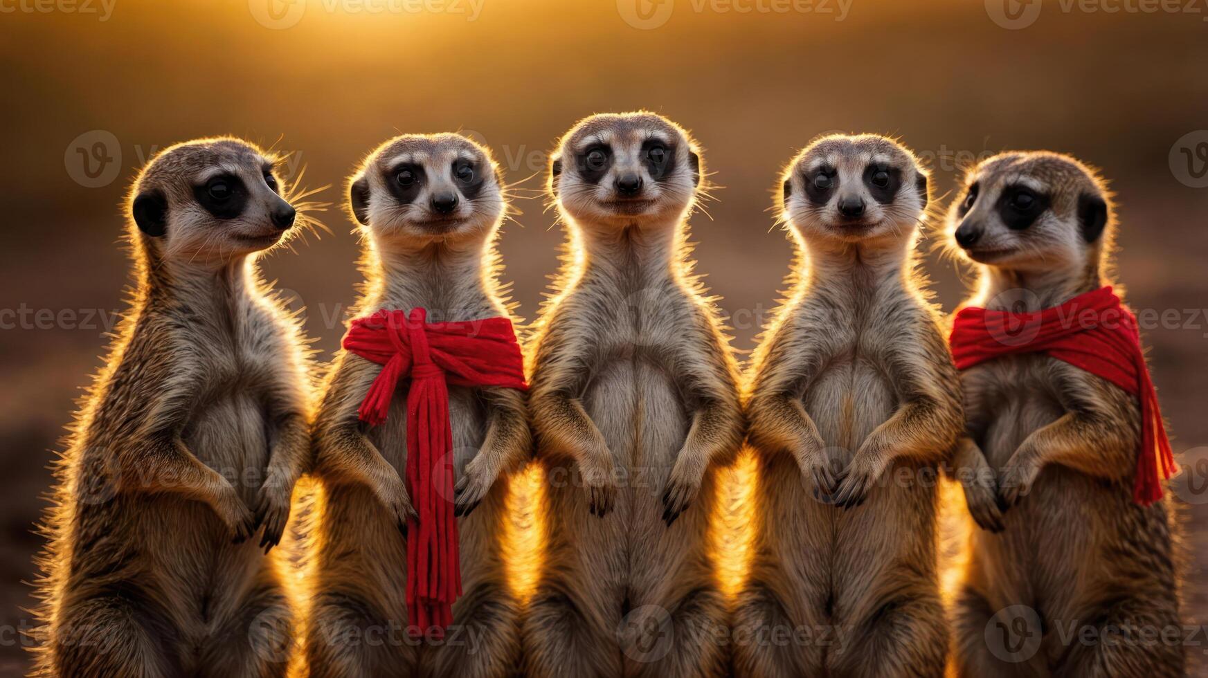 Five meerkats standing together, two wearing red scarves, against a sunset backdrop. photo