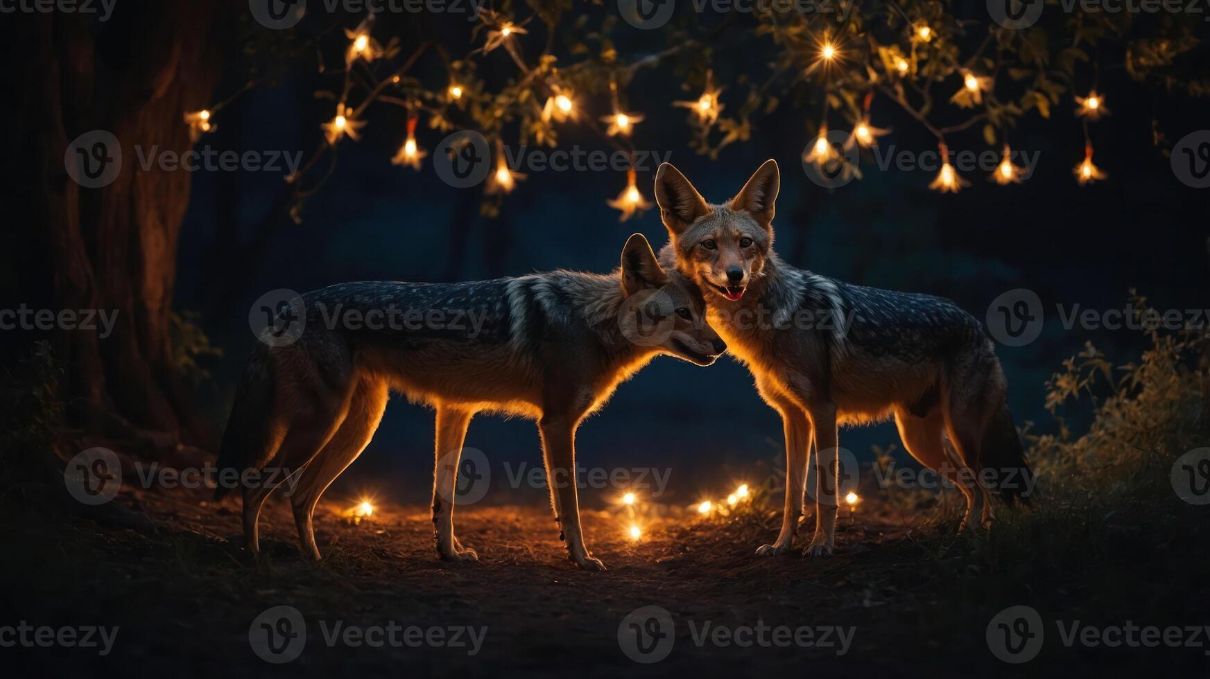 Two wolves illuminated by glowing lights in a dark forest setting. photo