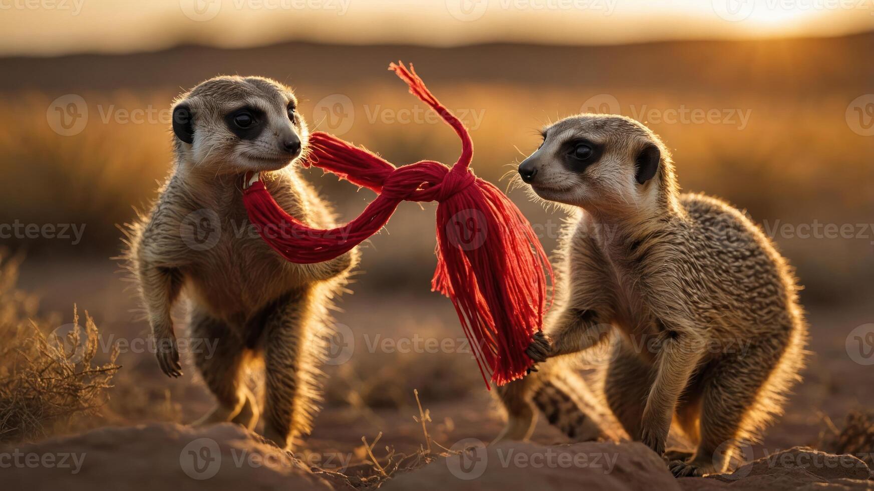 Two meerkats playfully sharing a red scarf in a warm, desert setting during sunset. photo