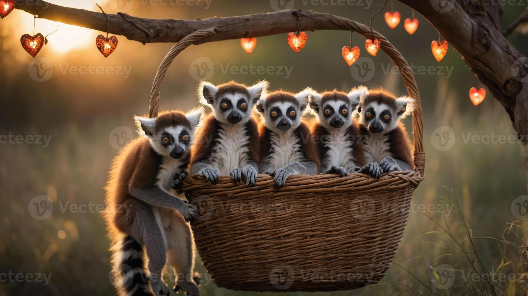Five lemurs sitting in a basket with heart-shaped lights in a warm sunset setting. photo
