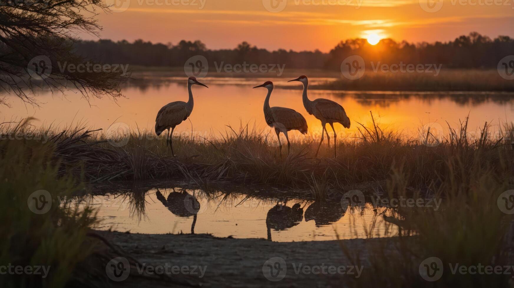 Three cranes stand by a serene lake at sunset, reflecting in the water. photo