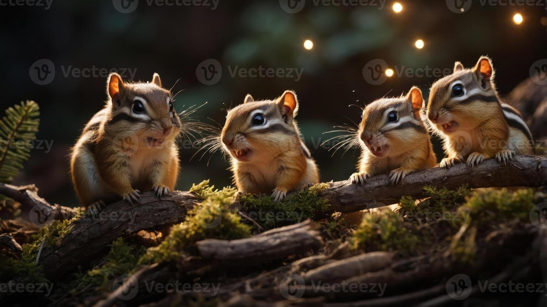 Four chipmunks perched on a log, surrounded by moss and soft lighting. photo