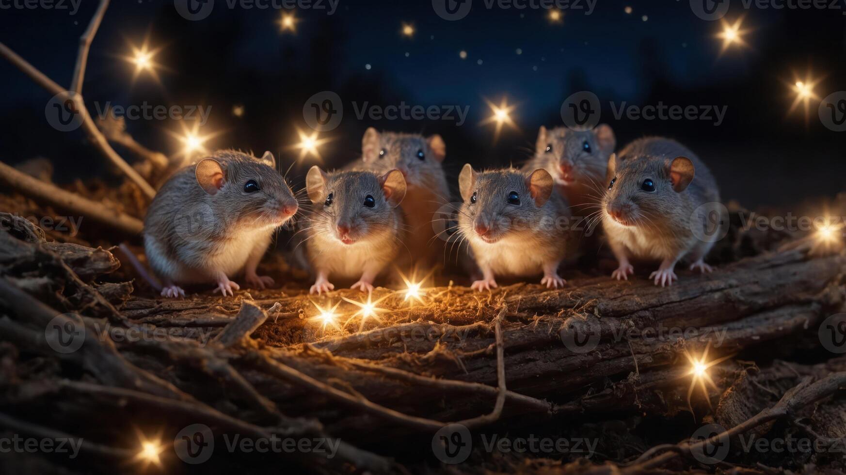 A charming scene of six mice surrounded by glowing stars in a nighttime setting. photo