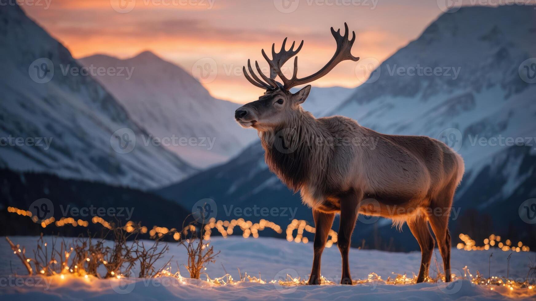 A majestic reindeer stands in a snowy landscape at sunset, surrounded by soft glowing lights. photo