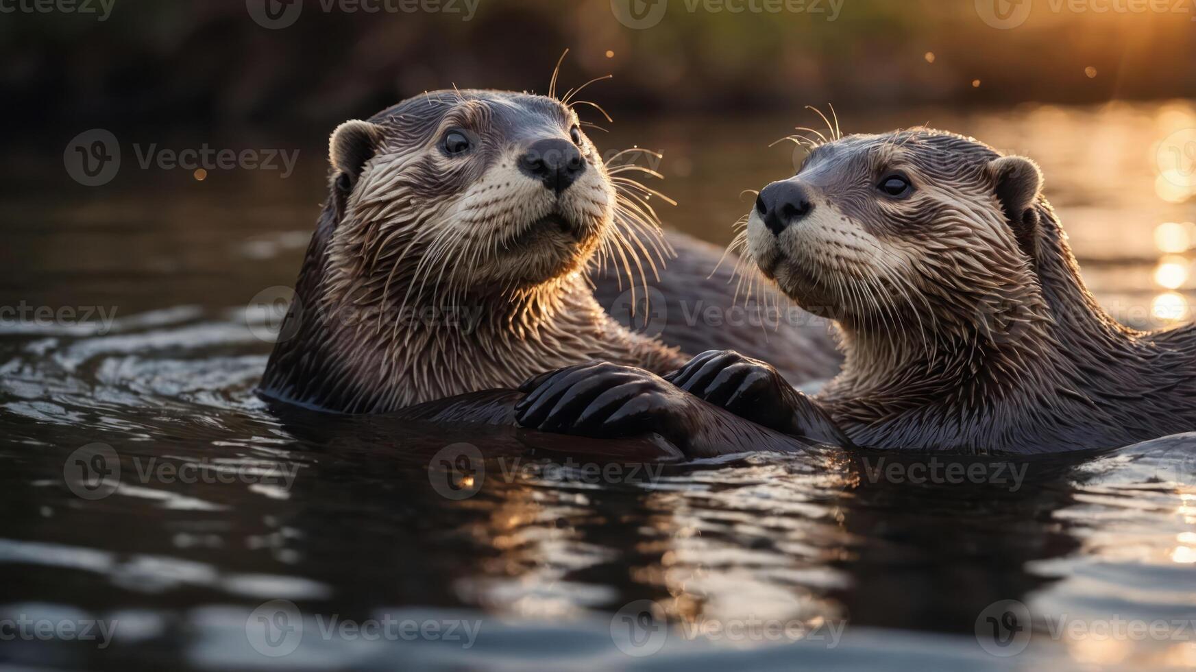 Two otters playfully swimming together in a serene water setting during sunset. photo