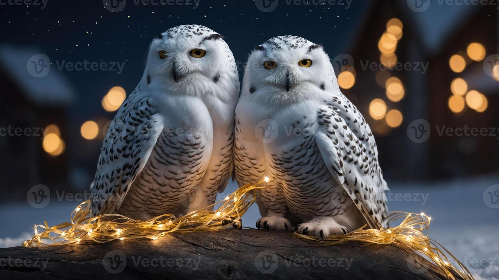 Two snowy owls perched together, wrapped in fairy lights against a snowy backdrop. photo
