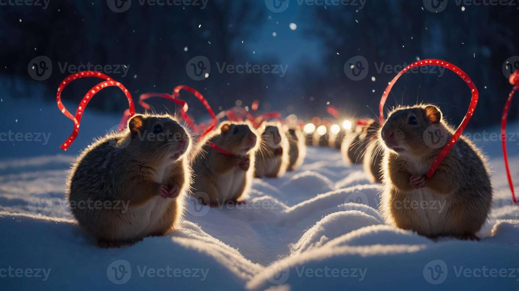 Squirrels with red ribbons in a snowy landscape during a nighttime snowfall. photo