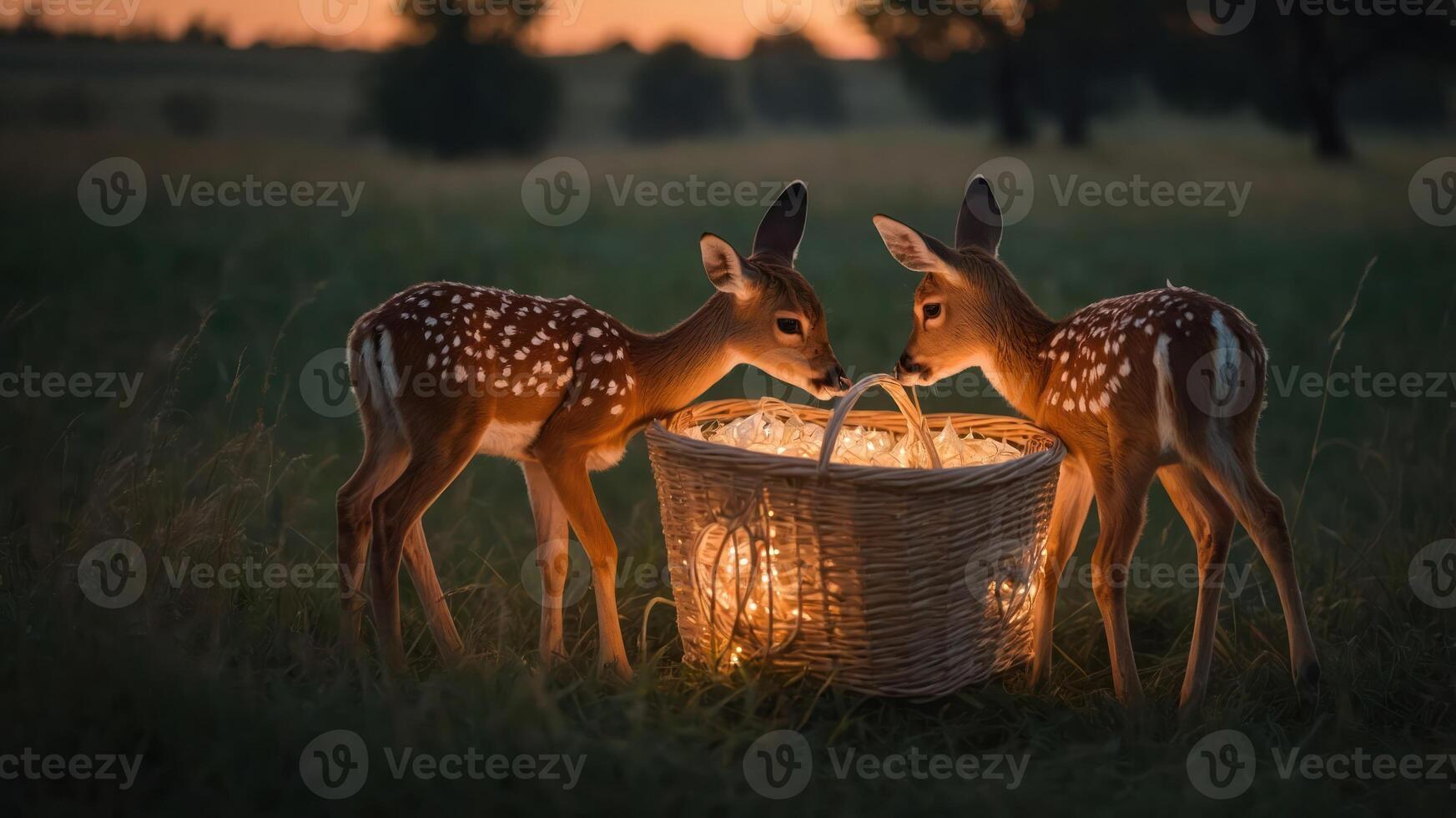 Two fawns curiously approach a glowing basket in a serene outdoor setting at dusk. photo