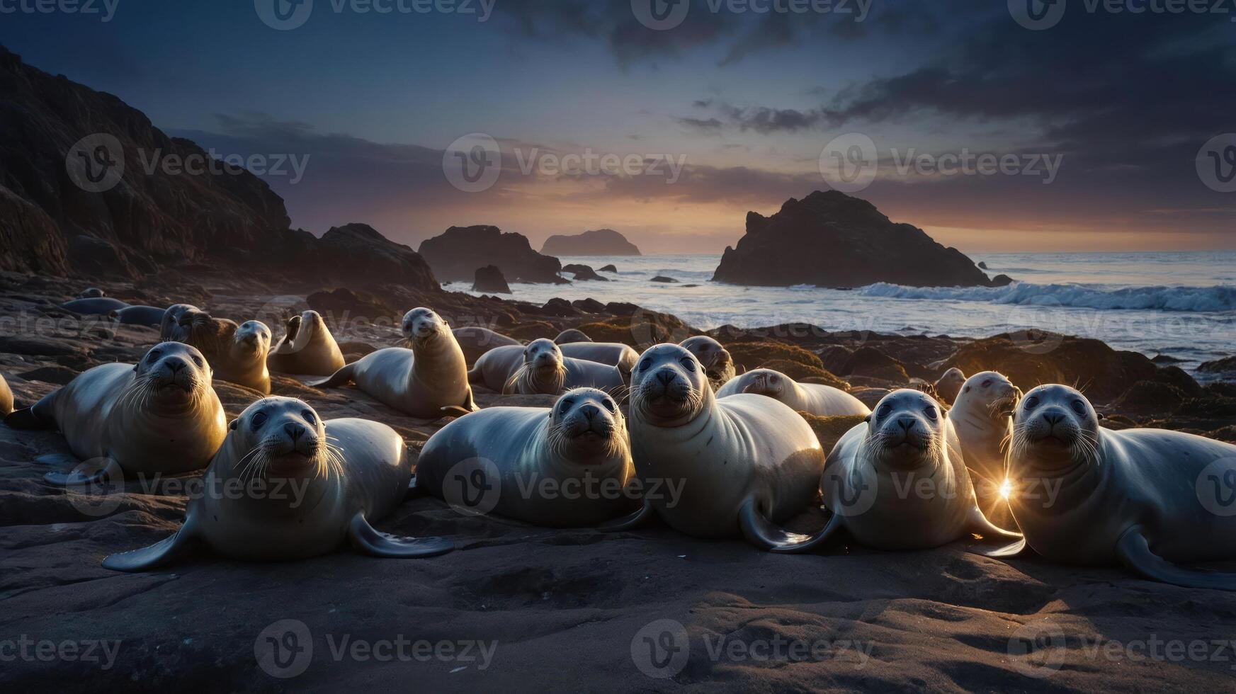 A group of seals resting on a beach at sunset, showcasing nature's tranquility. photo