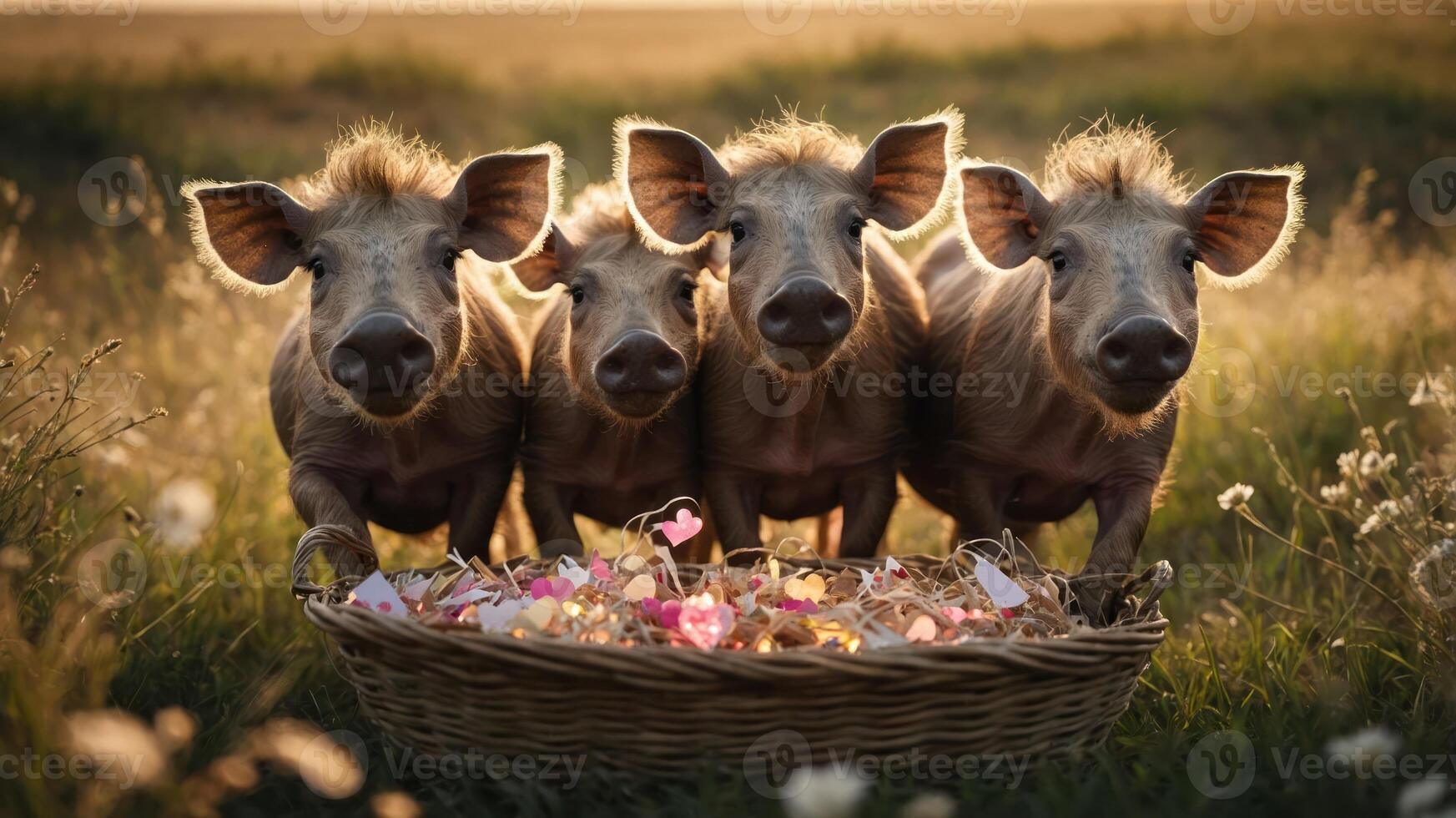Four playful piglets gathered around a basket of colorful decorations in a sunny field. photo