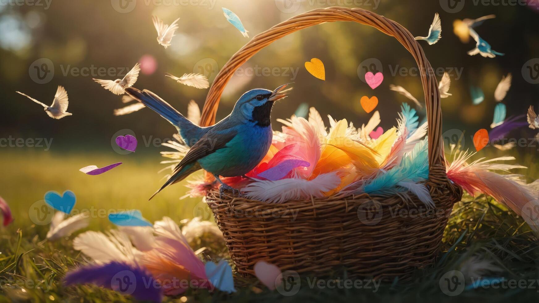 A vibrant bird perched on a basket filled with colorful feathers and heart-shaped decorations. photo