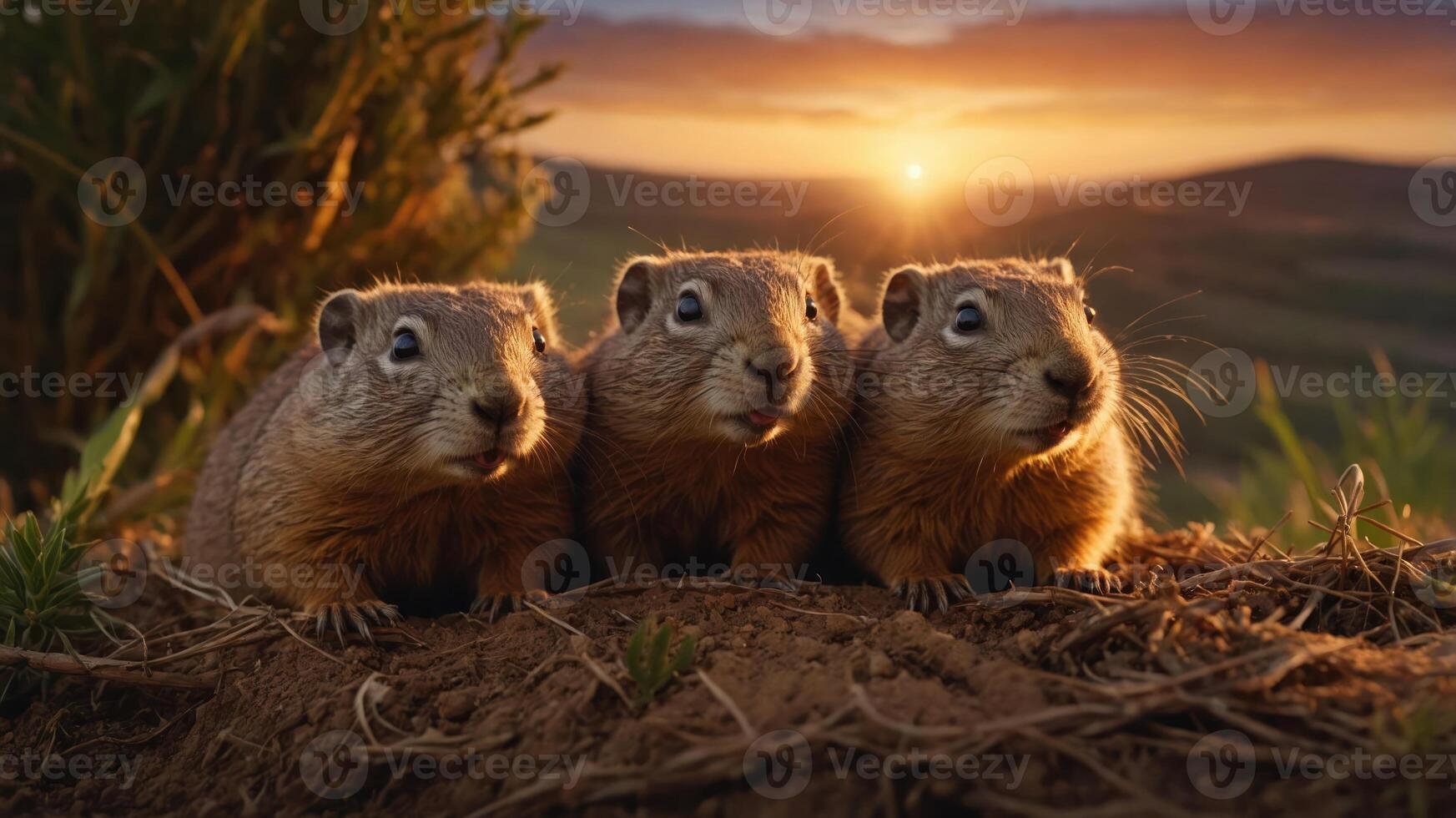 Three small rodents sit together on the ground at sunset, creating a serene wildlife scene. photo