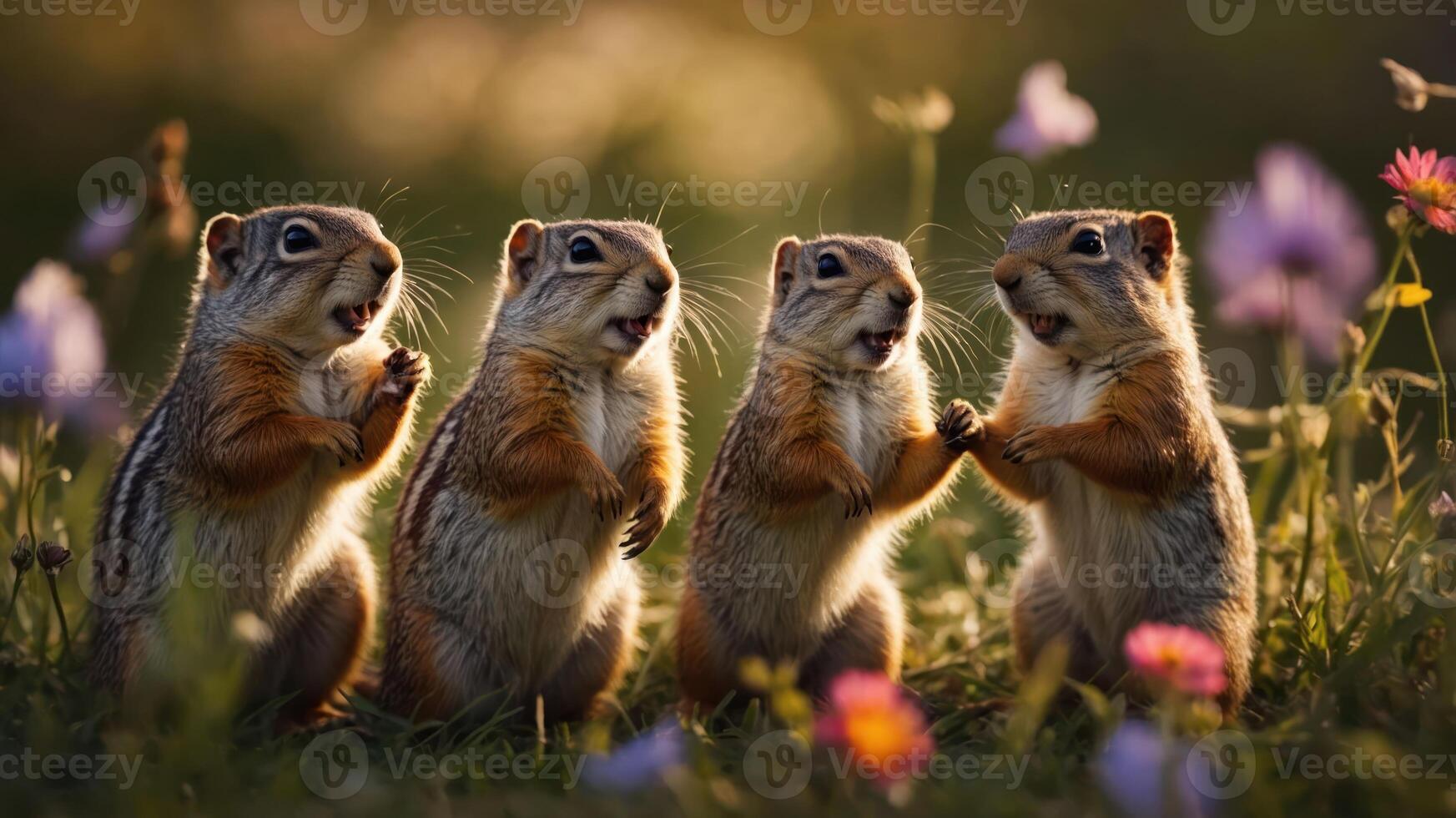 Four squirrels standing in a field of flowers, appearing to communicate or interact. photo