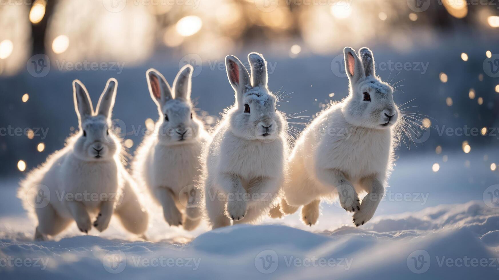 Four white rabbits running through snowy terrain, illuminated by soft sunlight. photo