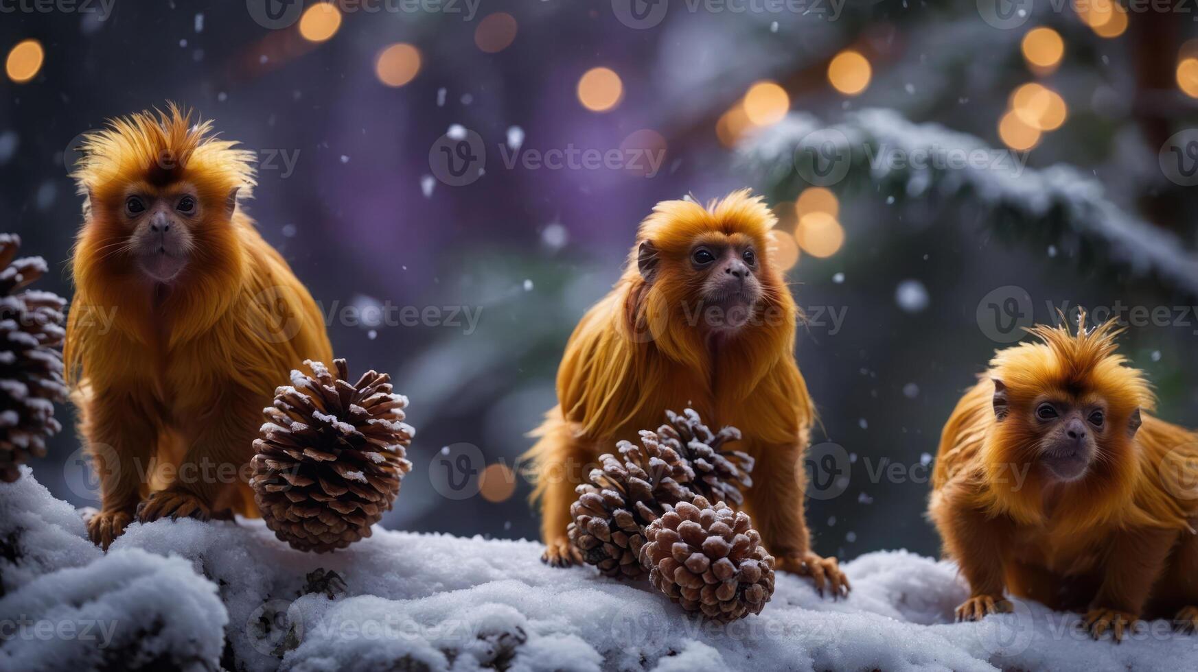 Three golden monkeys surrounded by snow and pinecones, with a festive atmosphere. photo