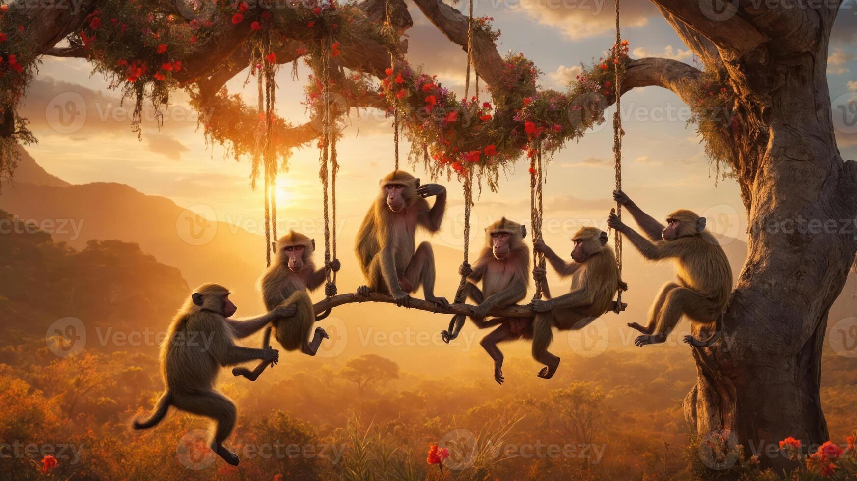 A group of monkeys play on swings in a scenic sunset landscape. photo