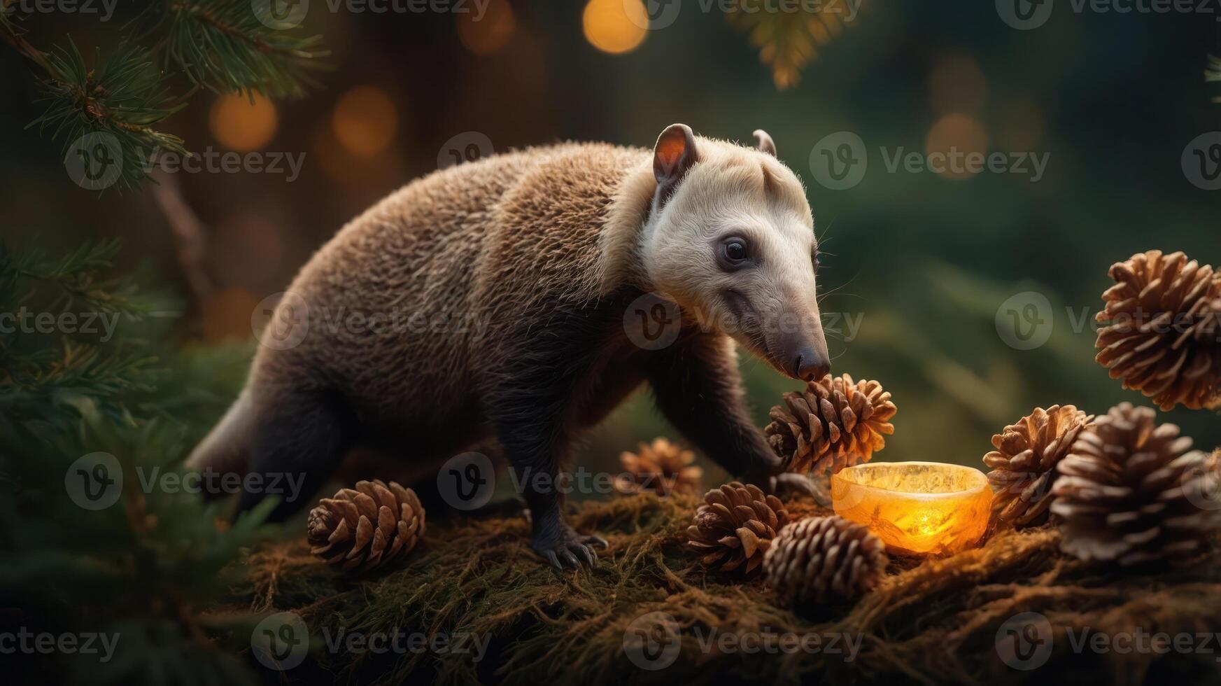 A cute animal exploring a forest setting with pinecones and a glowing orange slice. photo