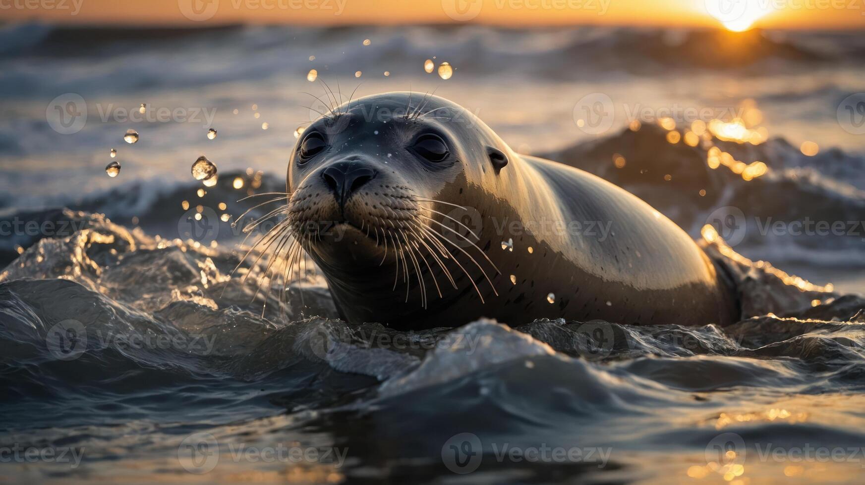 A seal emerges from the ocean waves during sunset, showcasing its playful nature. photo