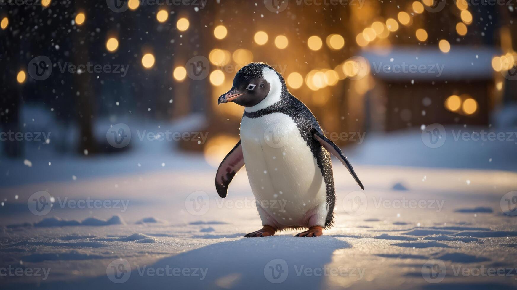 A solitary penguin stands in a snowy landscape with soft lights in the background. photo