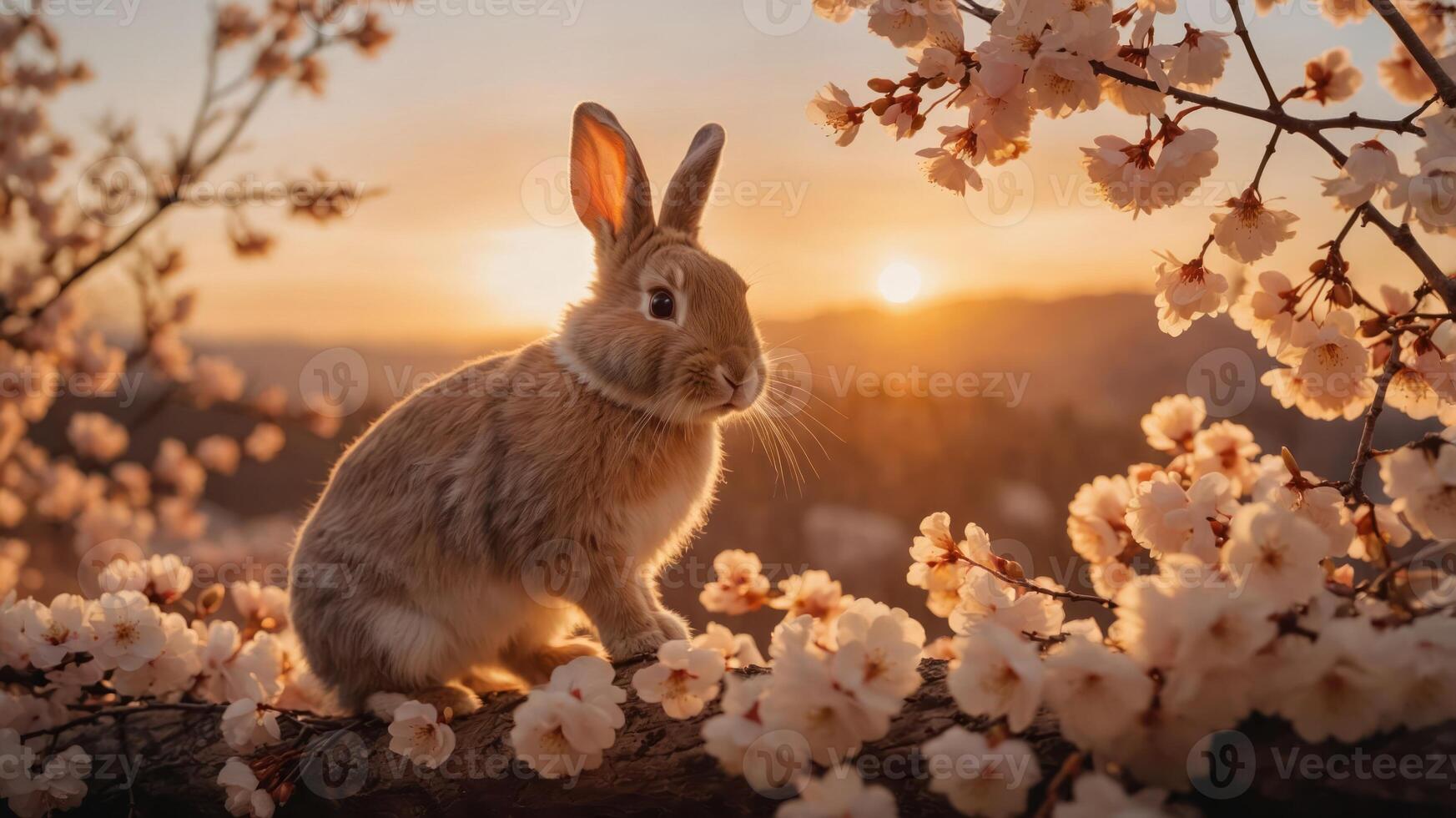 A serene rabbit sits among cherry blossoms at sunset, creating a tranquil spring scene. photo