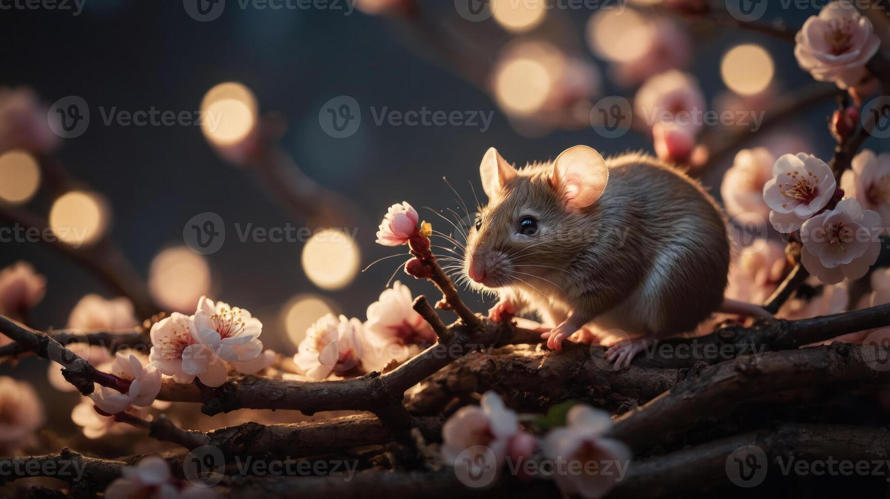 A mouse perched on branches adorned with pink blossoms, illuminated by soft bokeh lights. photo