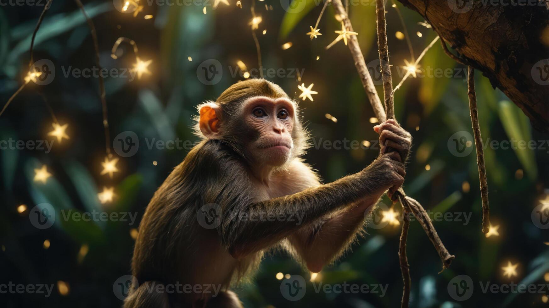 A monkey holding a branch surrounded by glowing stars in a lush environment. photo