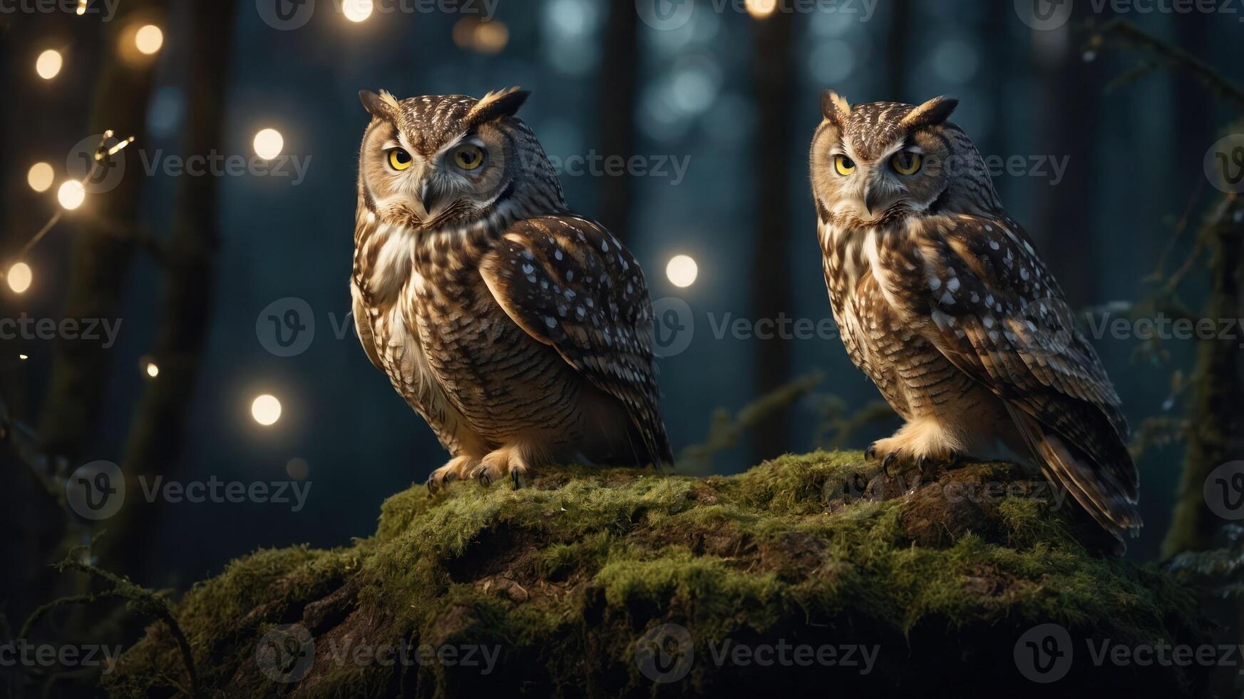 Two owls perched on a mossy rock in a forest, surrounded by soft glowing lights. photo