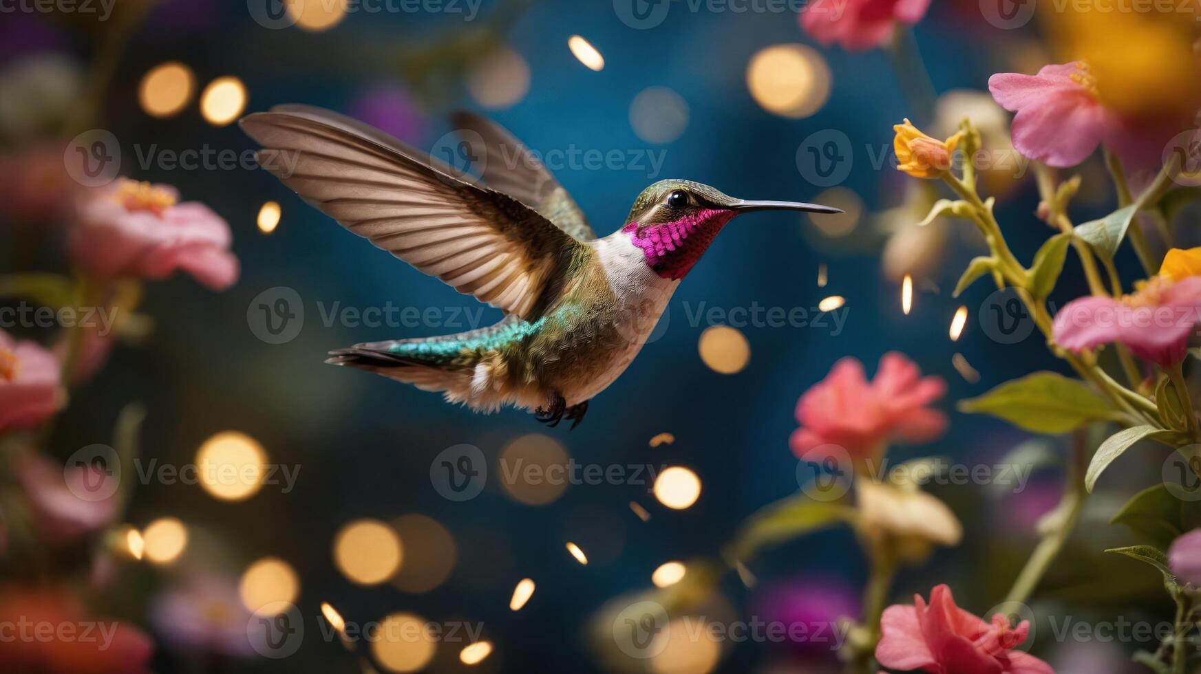 A vibrant hummingbird hovering amidst colorful flowers and soft bokeh lights. photo