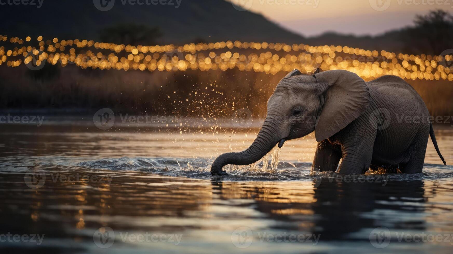 An elephant wades through water at sunset, creating splashes against a glowing backdrop. photo