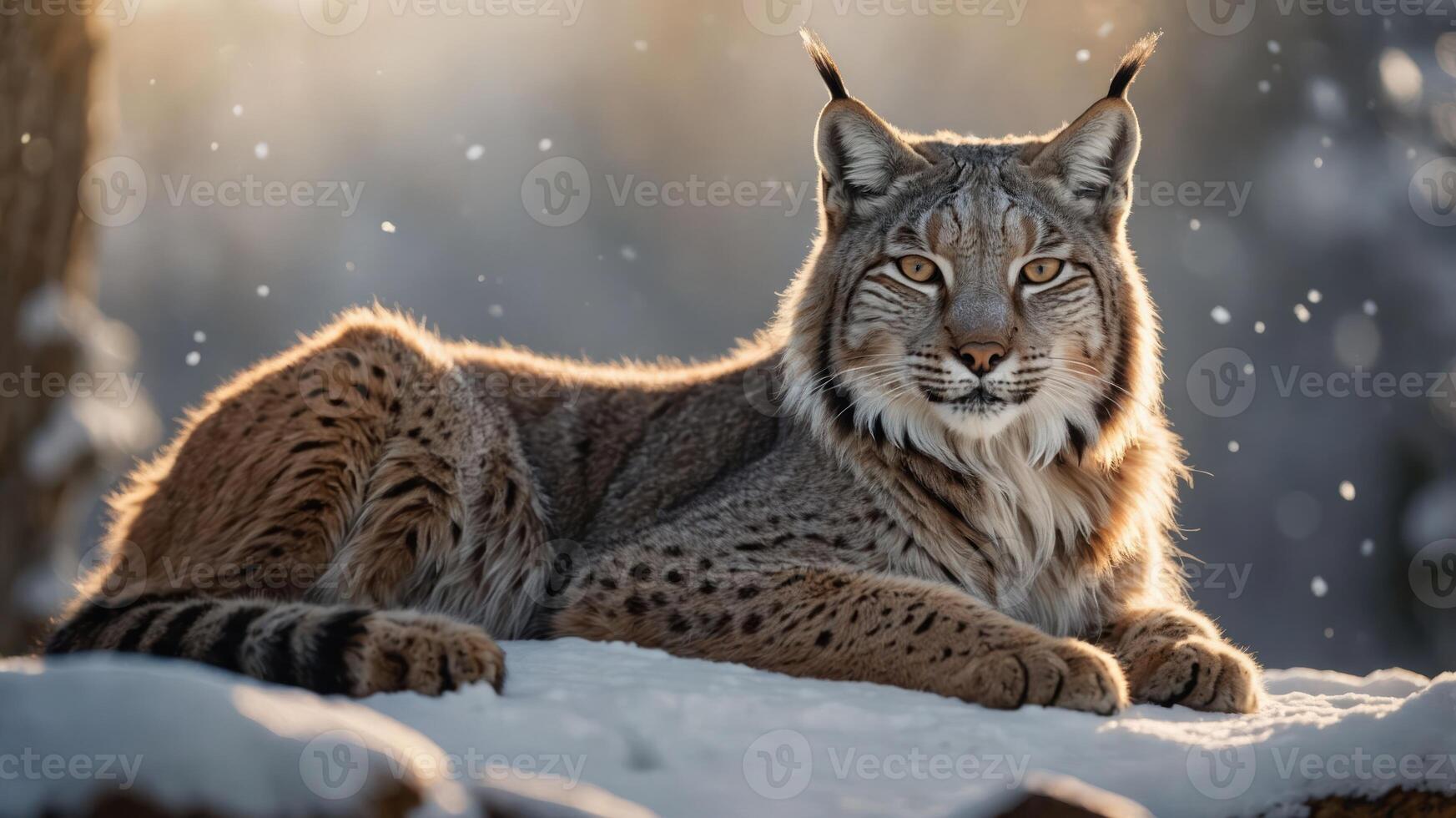 A lynx resting in a snowy landscape, showcasing its striking features and serene environment. photo