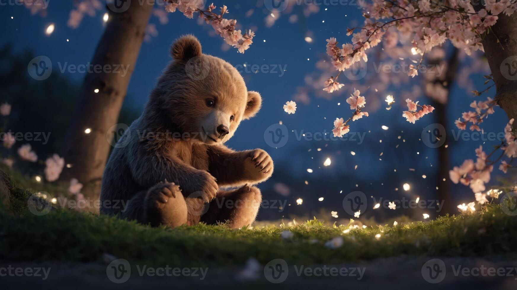 A cute bear sitting under cherry blossoms at night, surrounded by glowing particles. photo