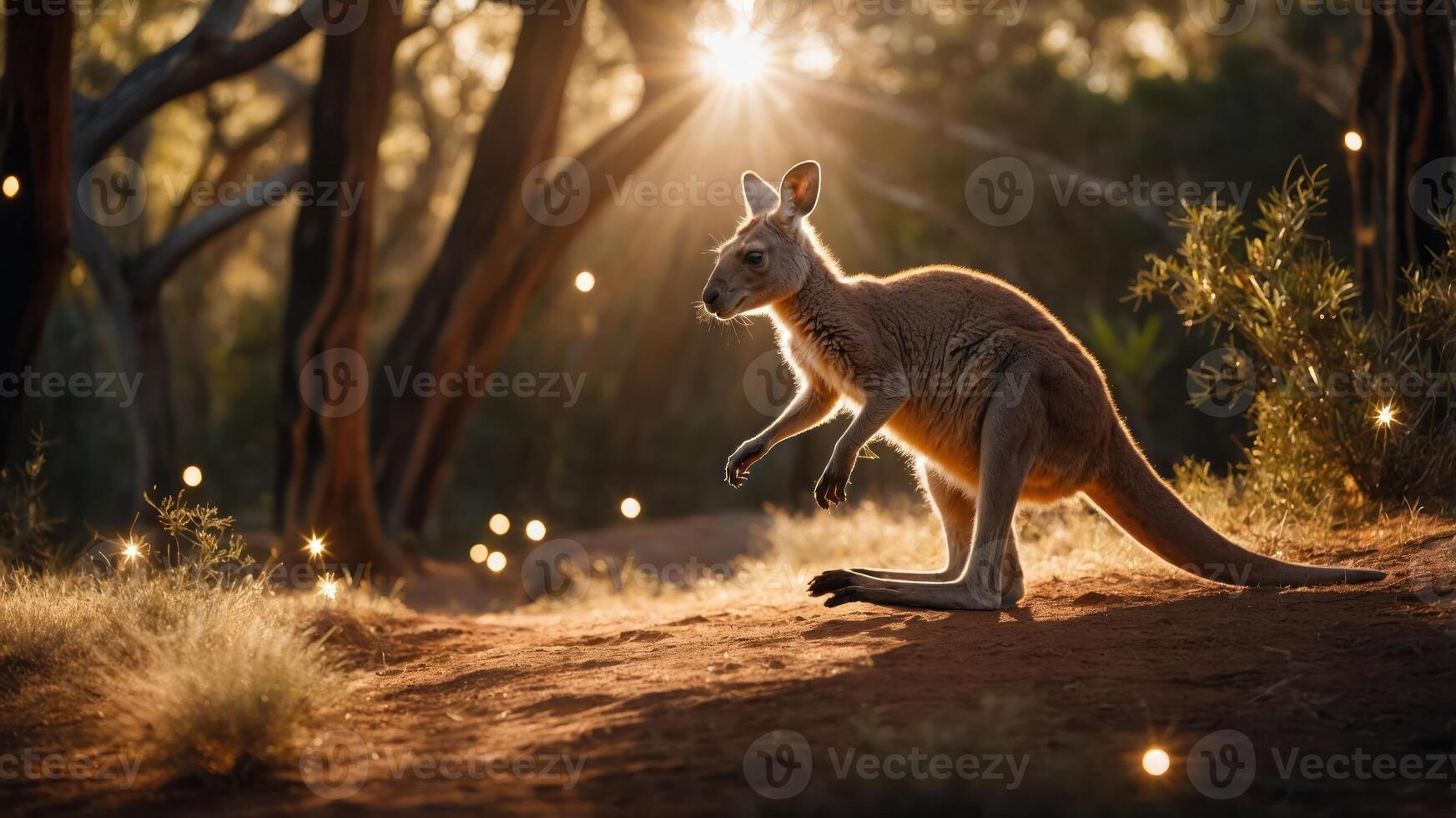 A kangaroo leaps gracefully in a sunlit forest, surrounded by a magical atmosphere. photo
