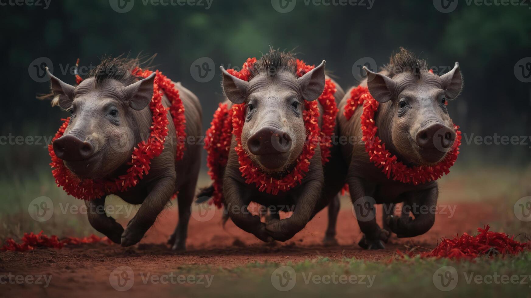 Three pigs adorned with red floral garlands running together in a natural setting. photo