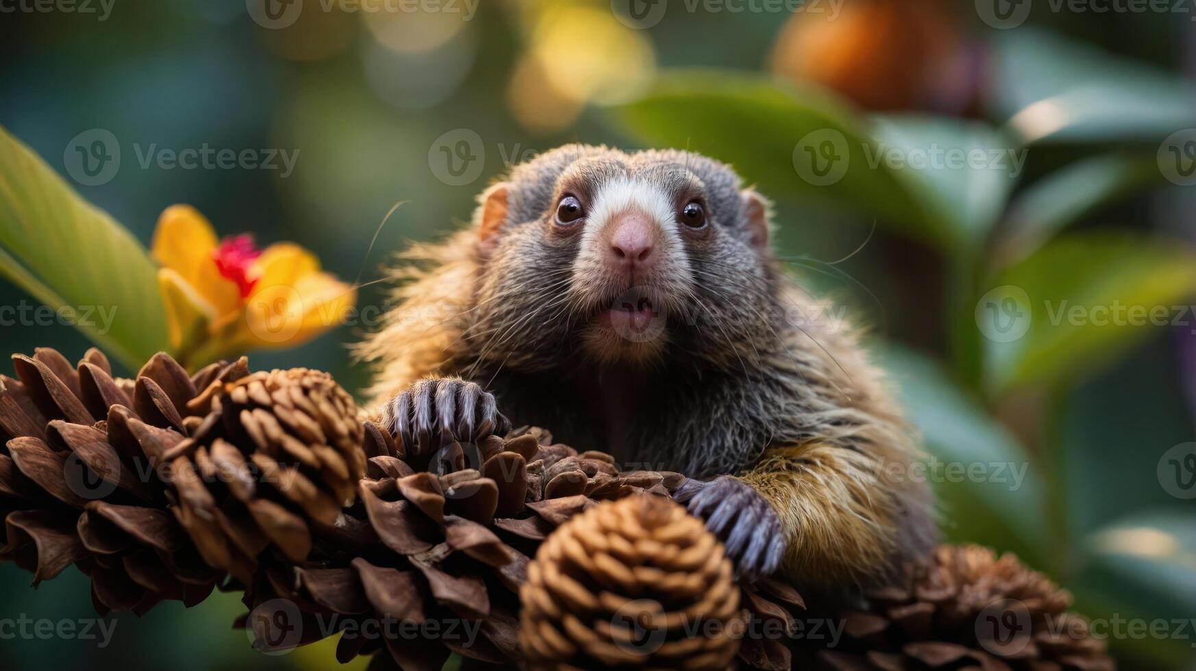 A close-up of a cute animal perched on pinecones amidst lush greenery. photo