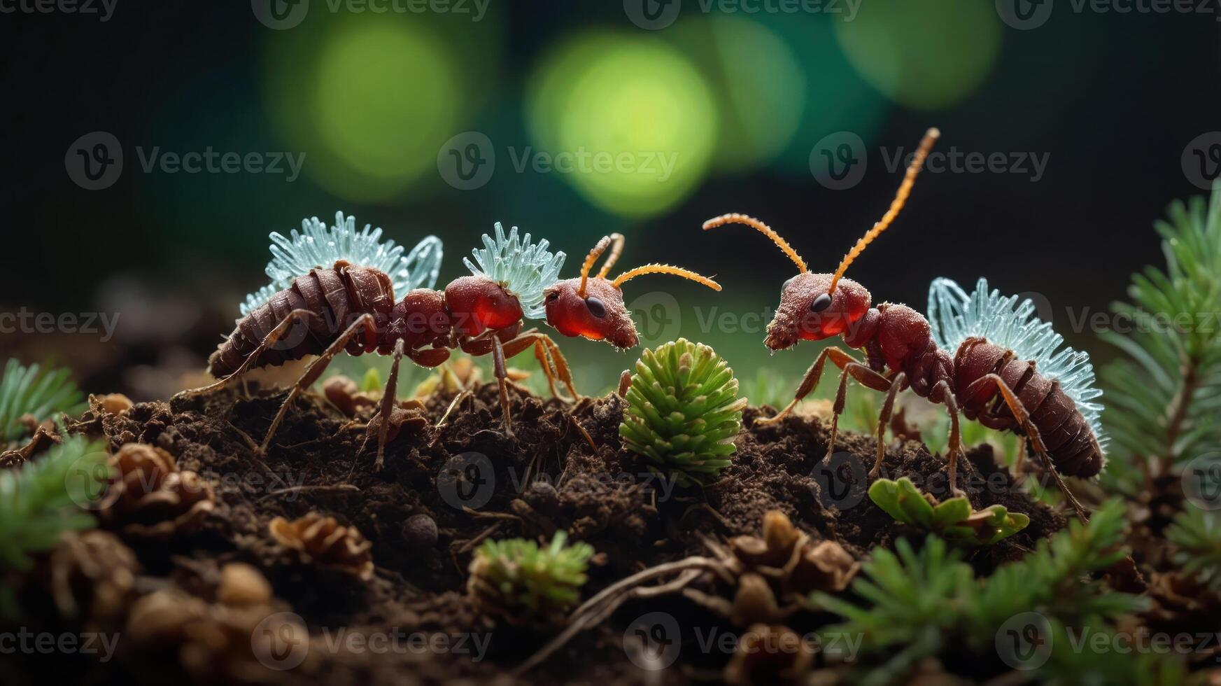 Two ants interact in a forest setting with a blurred green background. photo
