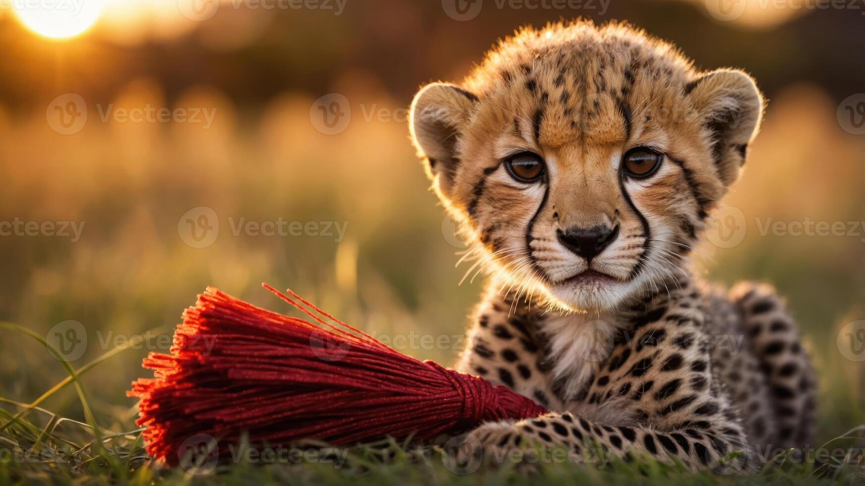 A young cheetah rests in a grassy field, holding a red object, illuminated by sunset. photo