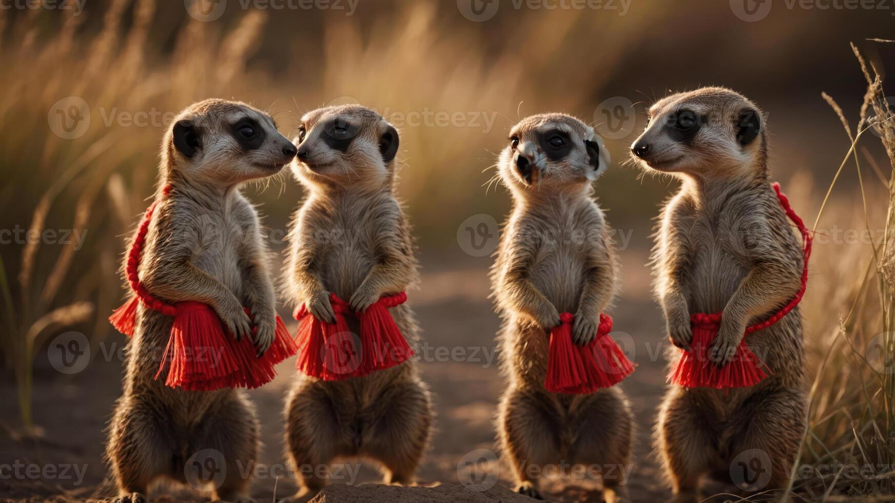 Four meerkats wearing red skirts in a playful pose against a natural background. photo