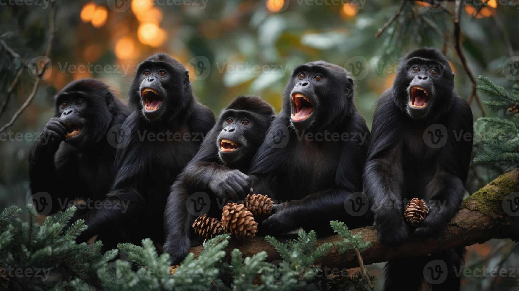 A group of five monkeys on a branch, expressing excitement with open mouths and holding pine cones. photo