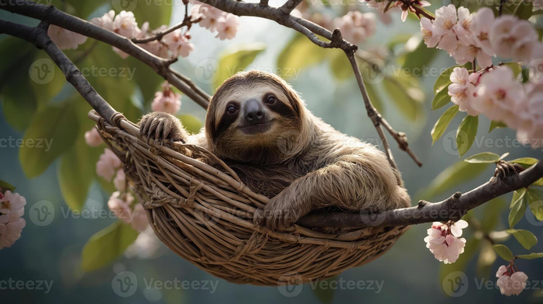 A sloth relaxing in a nest on a branch surrounded by pink flowers. photo