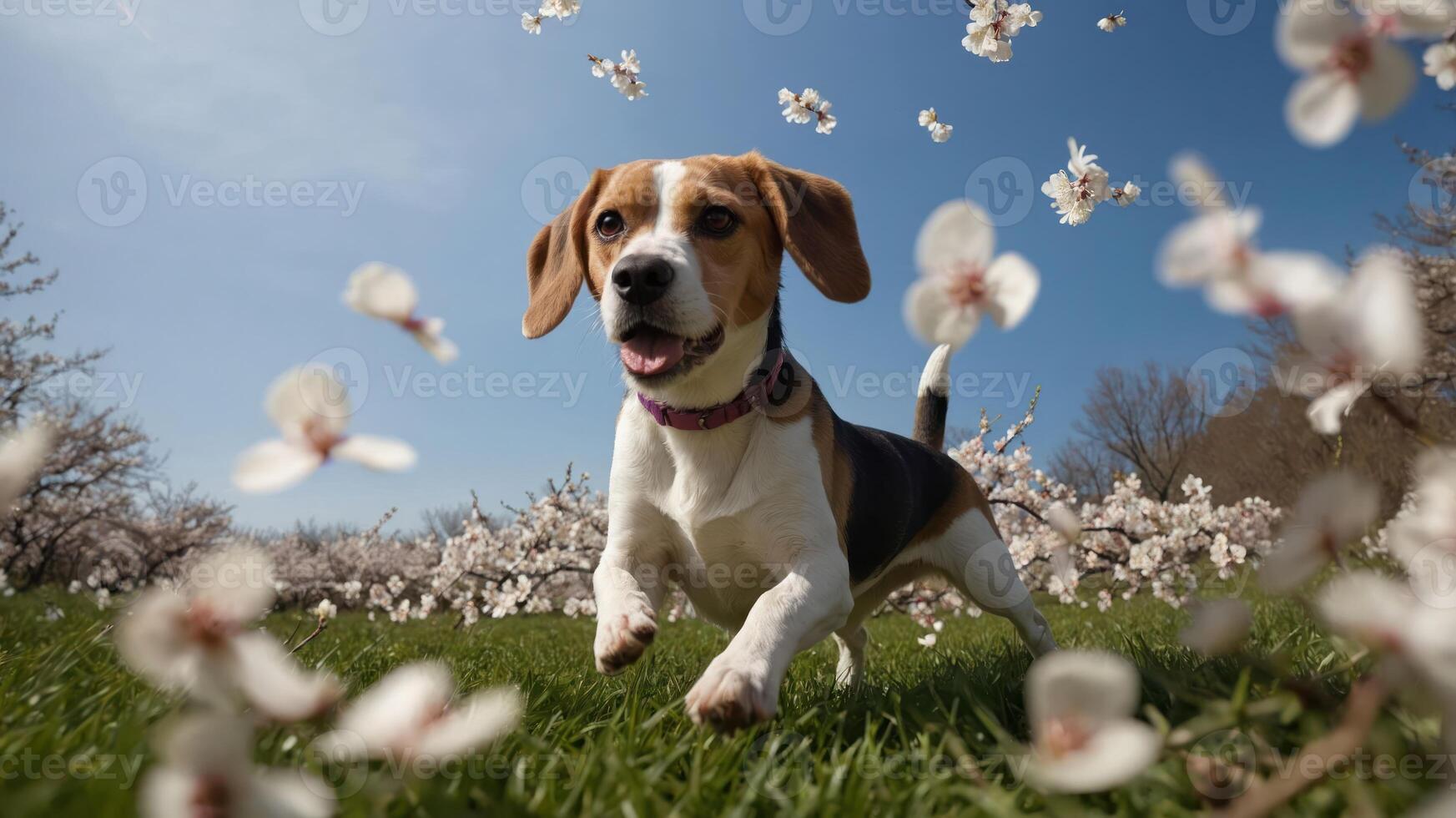 A playful dog running through a field of blooming flowers under a clear blue sky. photo
