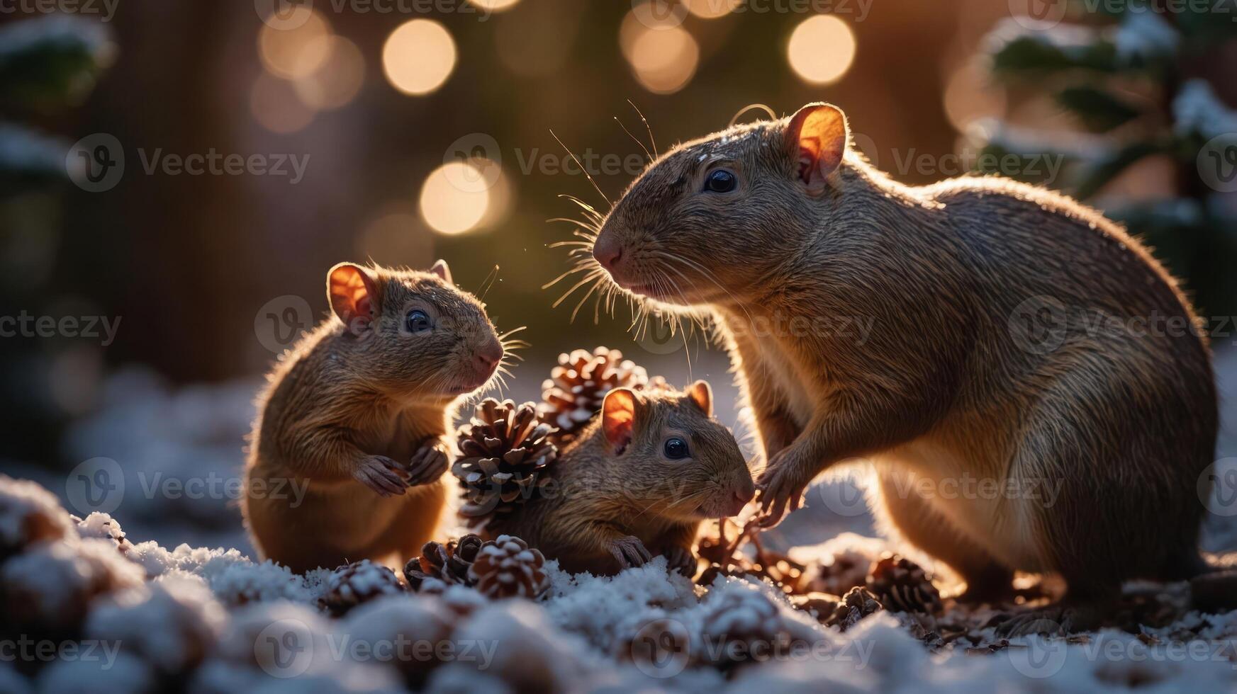Three small rodents gather around pine cones in a serene, softly lit winter setting. photo