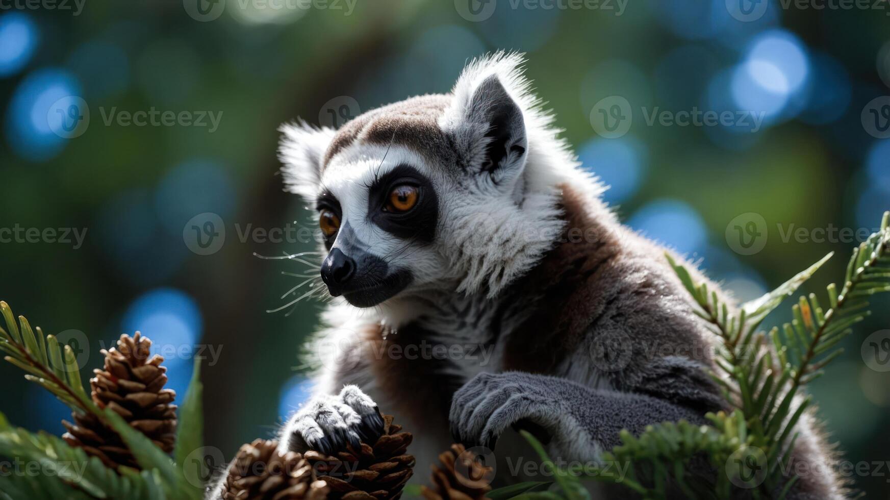 A close-up of a lemur perched among pinecones in a lush environment. photo