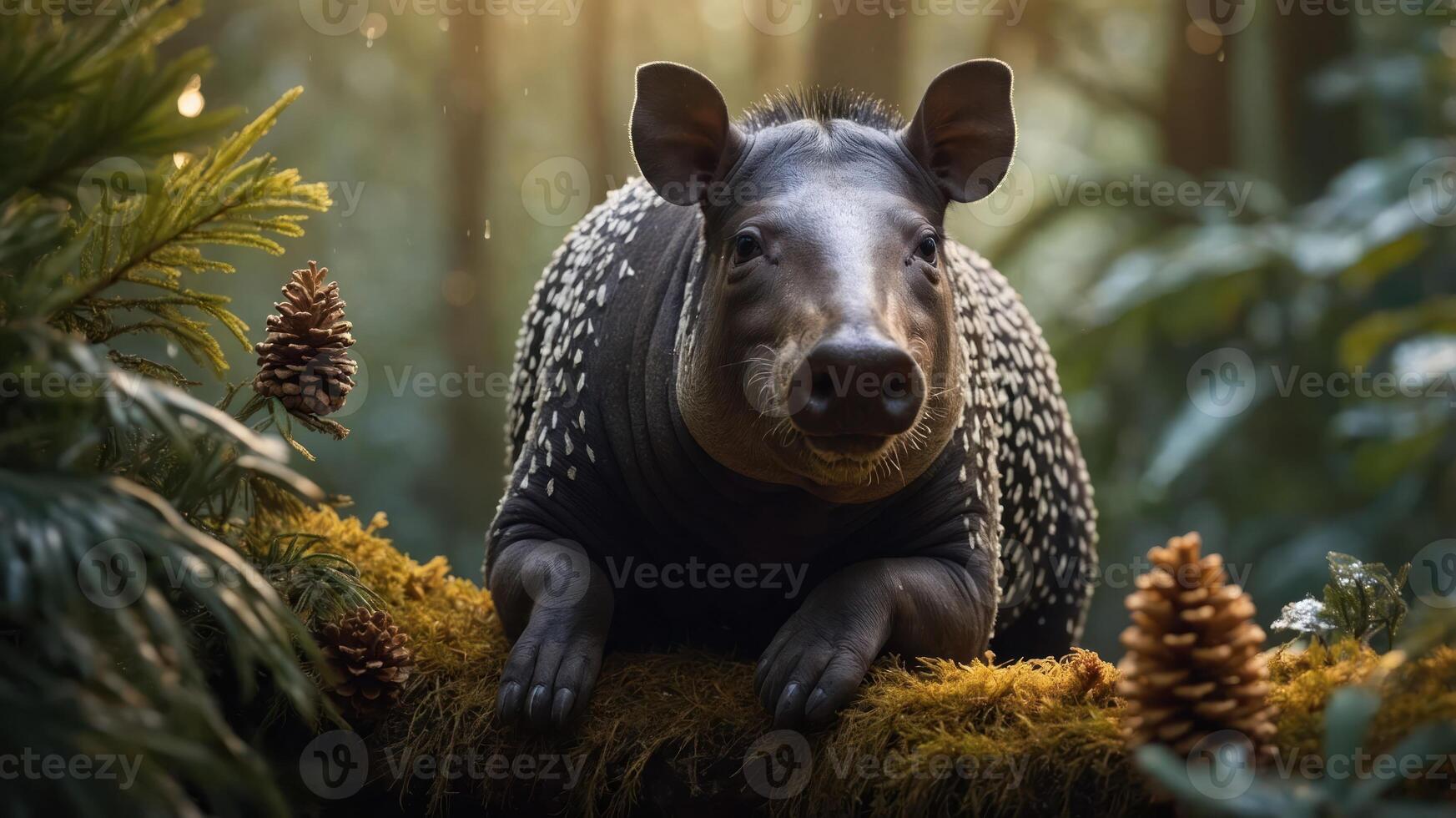 A tapir resting on a mossy log in a lush, green forest with pinecones nearby. photo