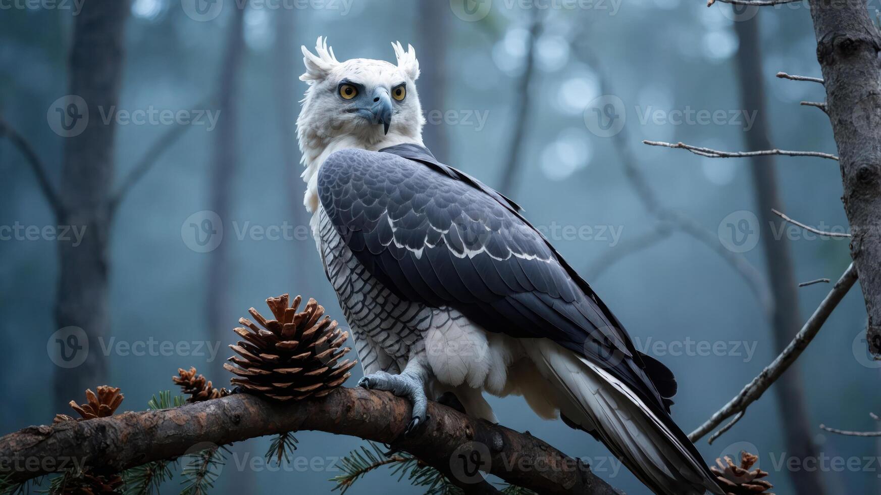A majestic harpy eagle perched on a branch with a pine cone, surrounded by a misty forest. photo
