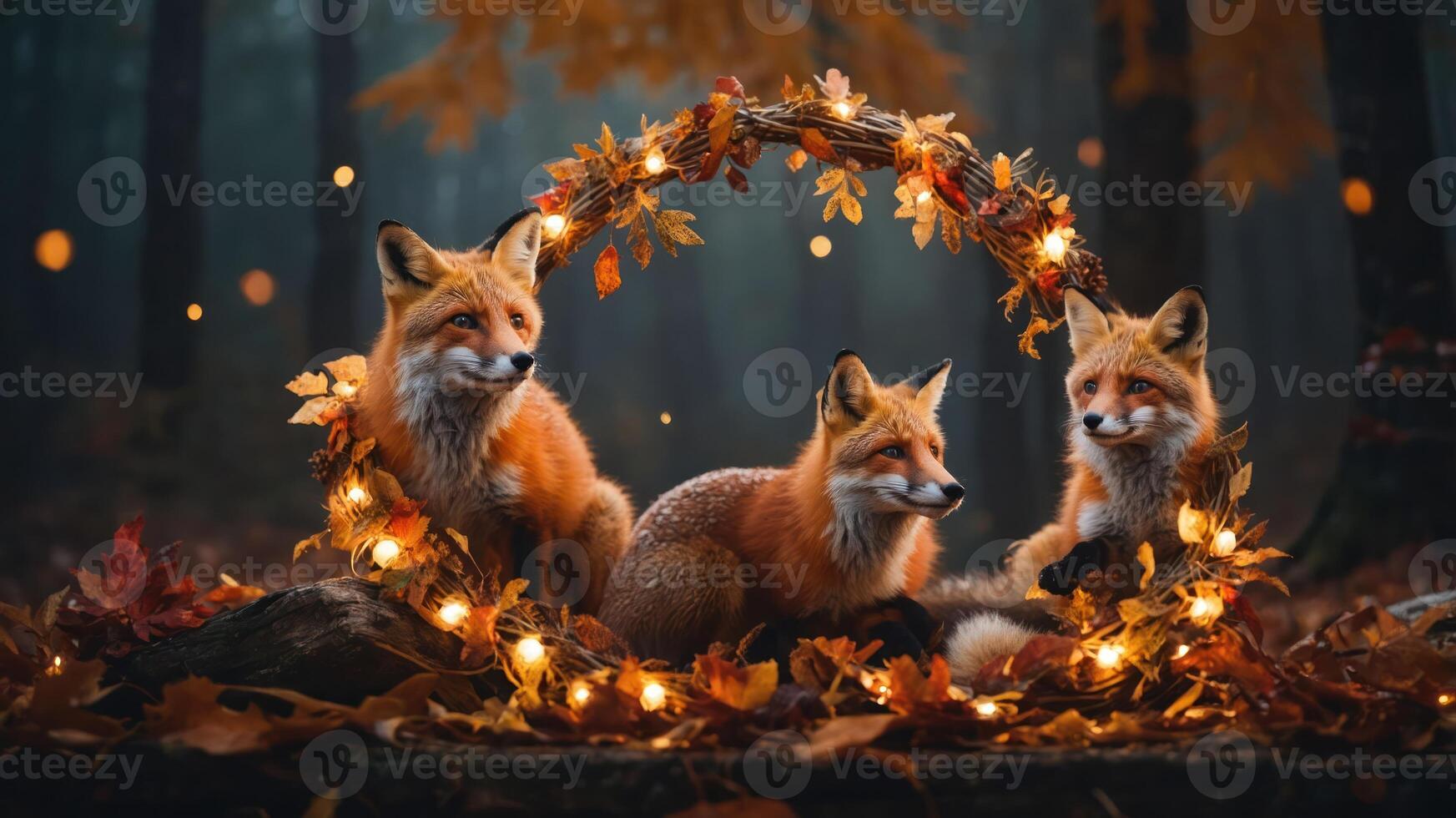 Three foxes surrounded by autumn leaves and lights in a mystical forest setting. photo