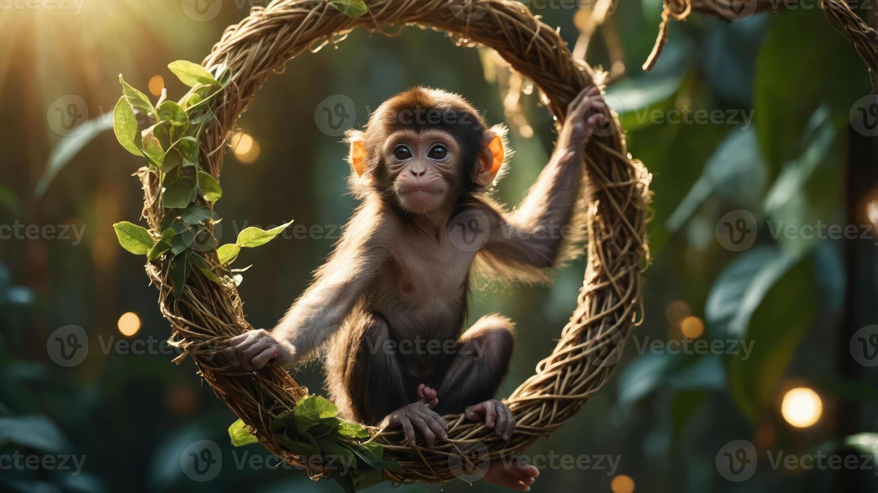 A young monkey sitting in a circular vine frame surrounded by lush greenery and soft light. photo