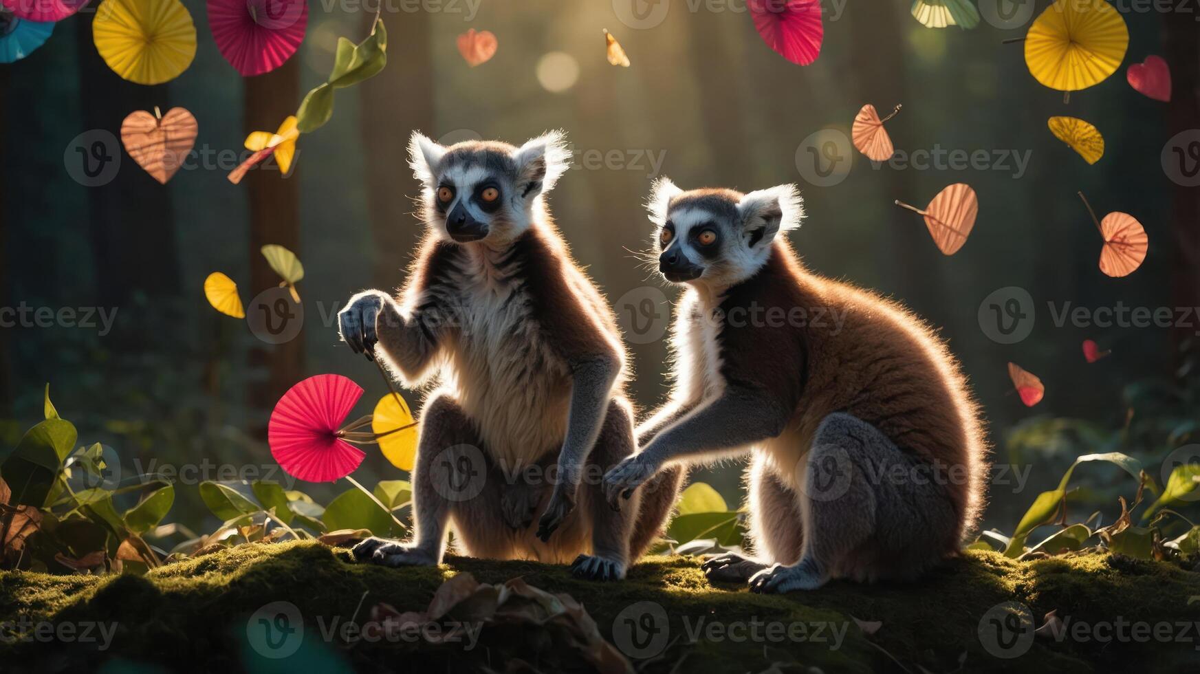 Two lemurs sit together in a forest, surrounded by colorful leaves and a magical atmosphere. photo