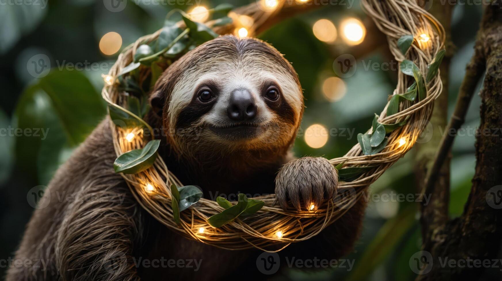 A sloth playfully poses with a decorative wreath of lights and greenery. photo